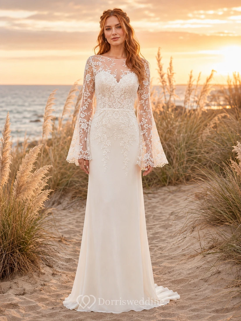 Robe fourreau bohème à manches longues cloche et imprimé floral pampas
