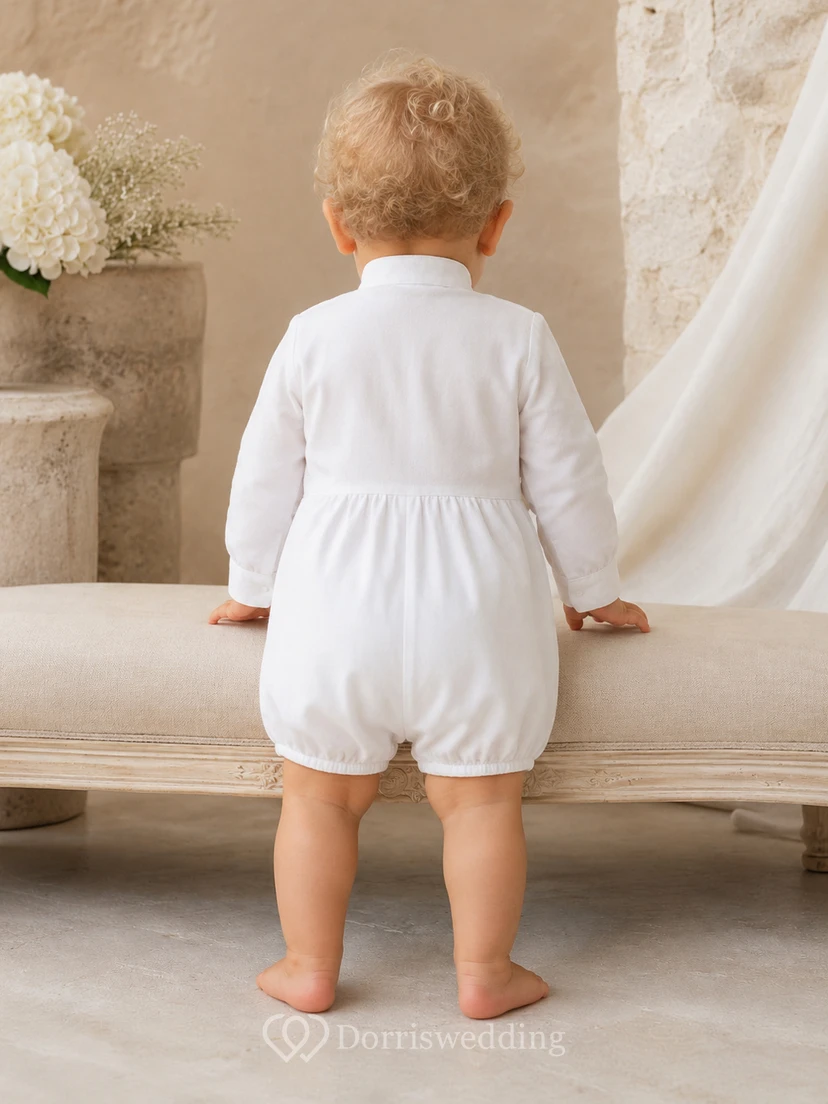White Long Sleeve Vertical Pintuck Collar Christening Bubble Romper for Baby Boy view 2
