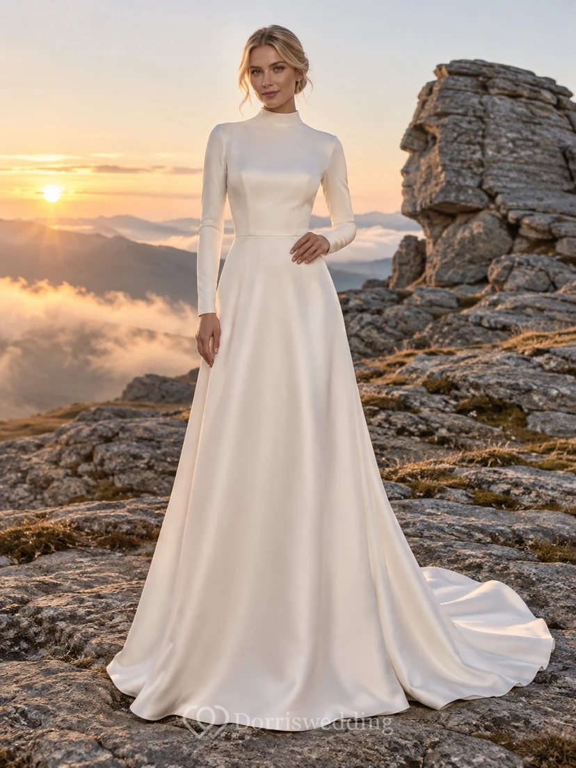 Simple Modest High Neck Long Sleeve Satin A Line Smooth Bodice Sweep Train Wedding Dress