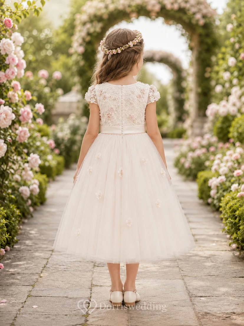 Robe de demoiselle d'honneur en tulle et dentelle, coupe trapèze, col rond et jupe mi-longue. view 2