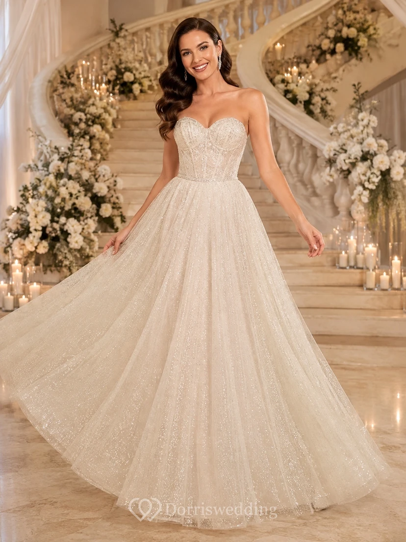 Luxury Strapless Sweetheart Glitter Tulle Ball Gown Floor-Length Princess Wedding Dress
