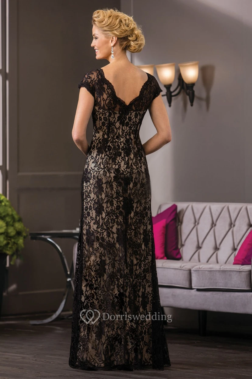 Cap-Sleeved V-Neck Lace Long Mother Of The Bride Dress With V-Back view 2