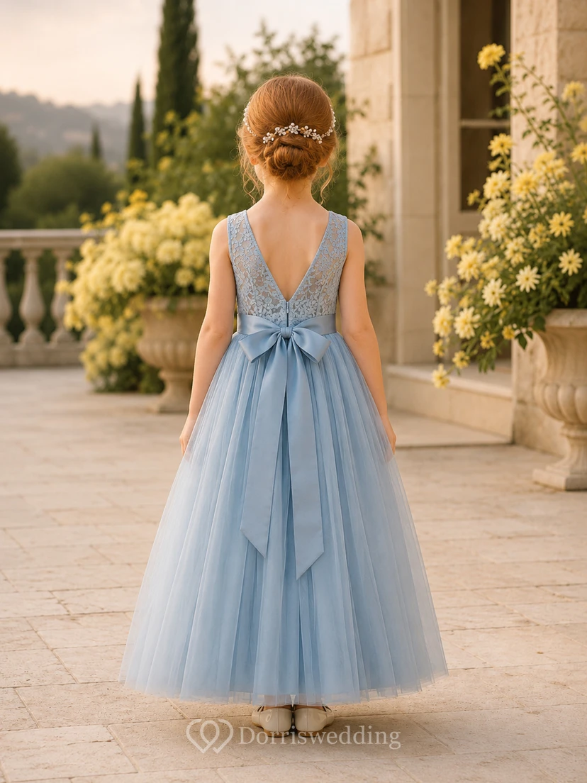 Flower Girl Dress Sky Blue Lace Tulle A-Line Jewel Neck Tea Length view 2