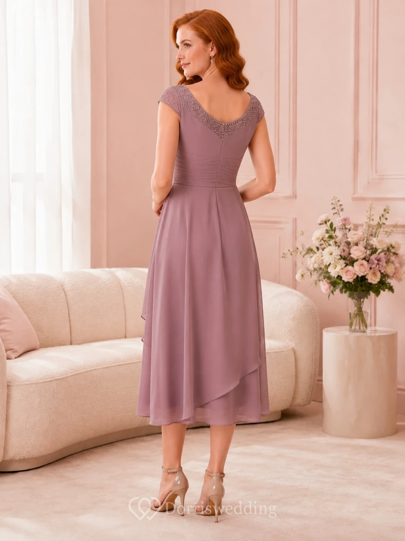 Mauve Square Neck Short Sleeve Chiffon A-Line Tea-length Romantic Guest Dress view 2
