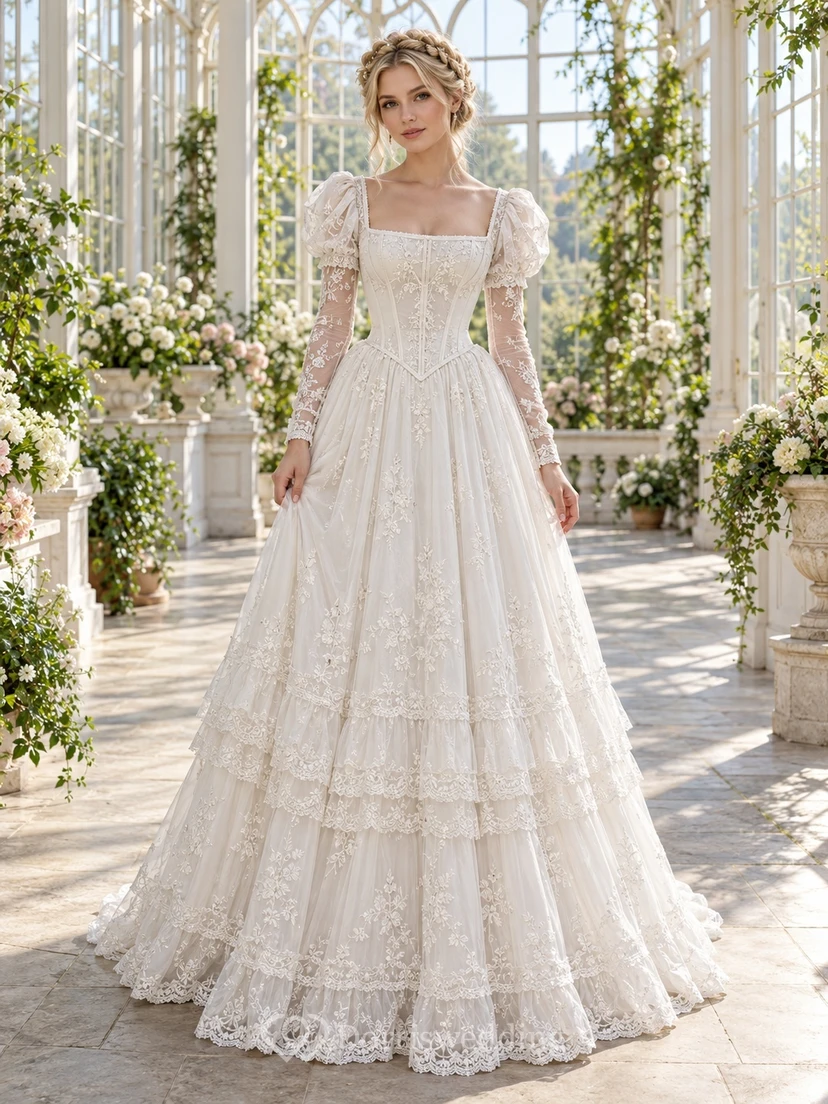Victorian Square Neck Long Sleeve Tiered Lace Ball Gown Wedding Dress