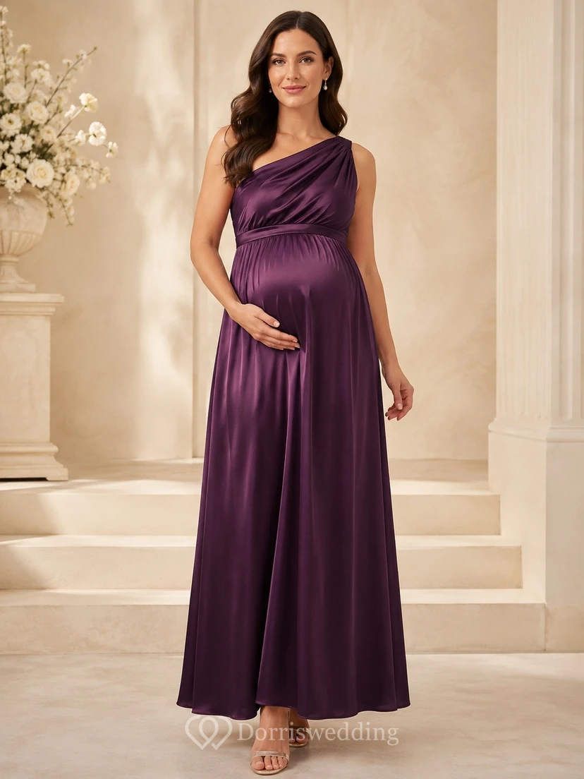 Purple Satin Maternity One-Shoulder Empire Floor-Length Occasion Dress