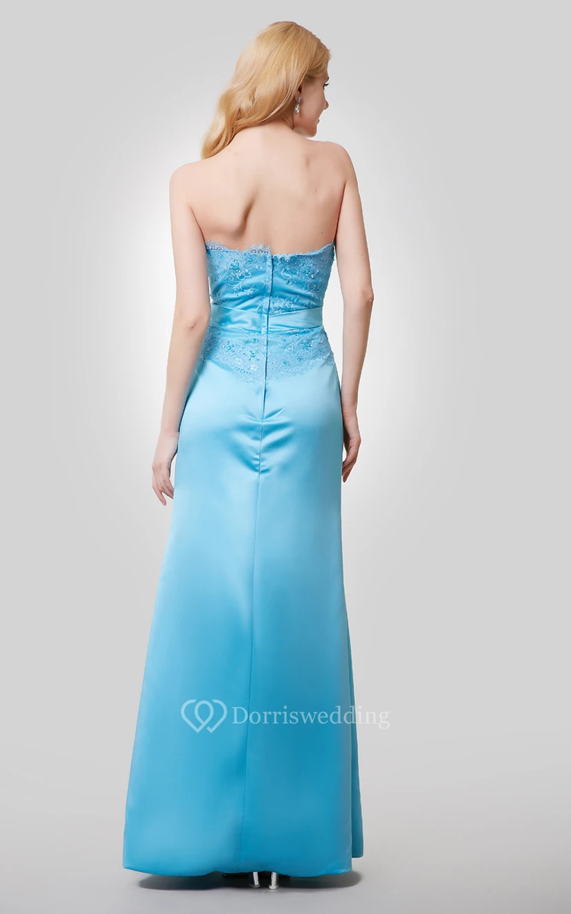 Satin Floor Length Strapless Dress With Beaded Lace Bodice and Bow view 3