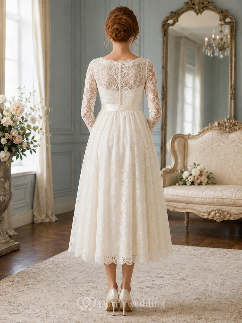 Vestido de novia de corte A, largo midi, manga larga, encaje ilusión y escote joya view 2