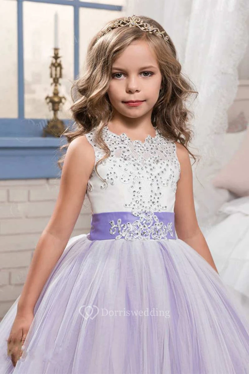 Ball Gown Floor-length Scoop Sleeveless Tulle Dress with Bow view 3