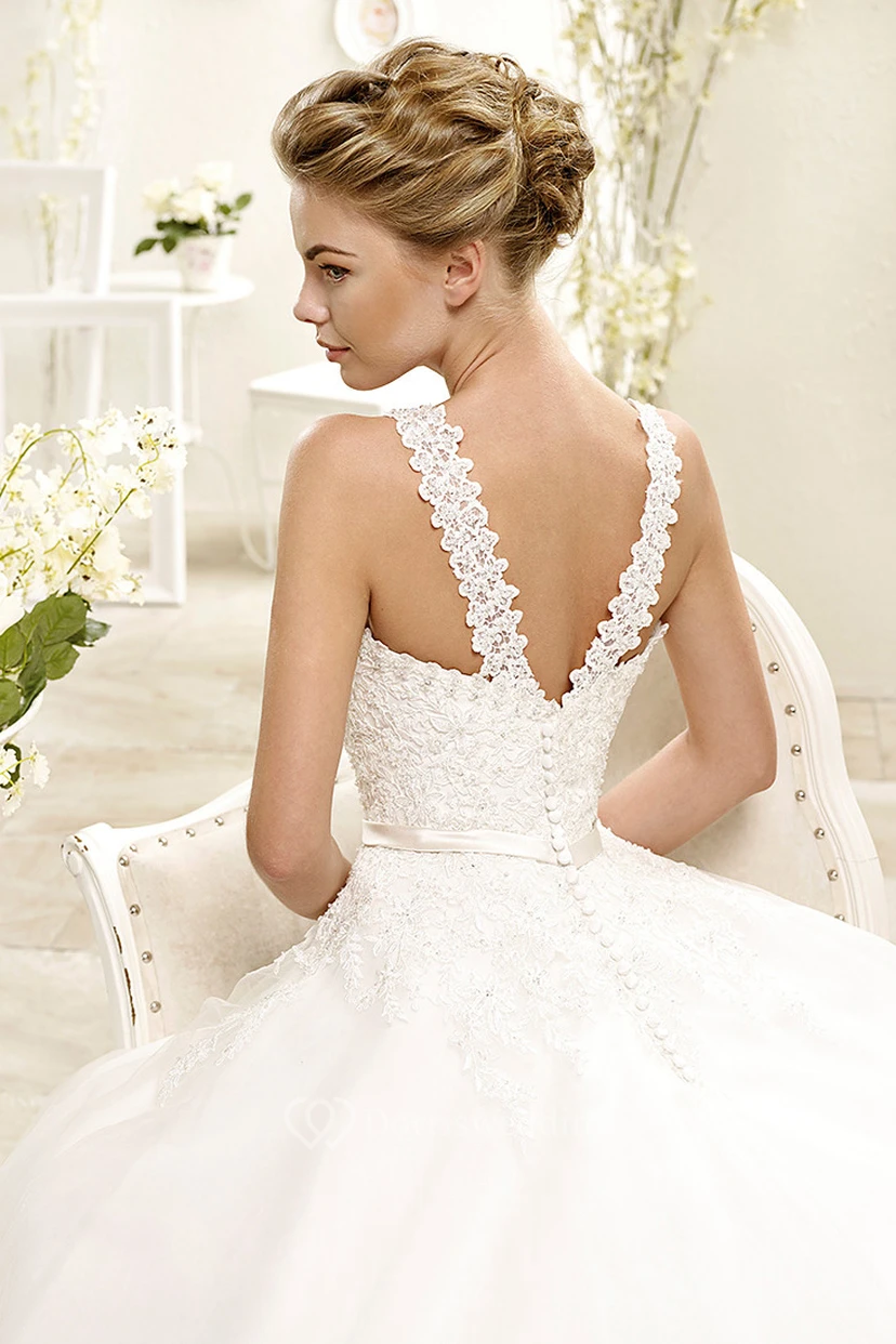 A-Line Sleeveless Appliqued Floor-Length V-Neck Wedding Dress view 2