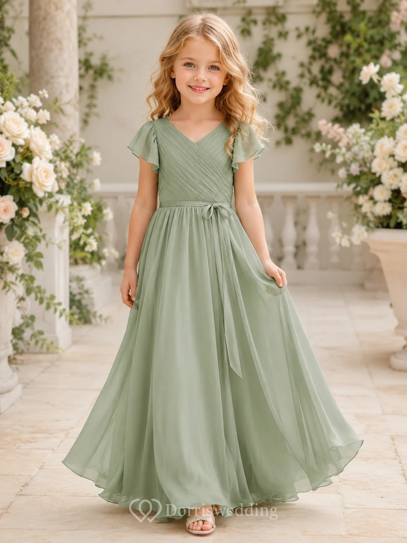 Robe de demoiselle d'honneur en mousseline vert sauge, coupe trapèze, manches pétales, ruban et volants