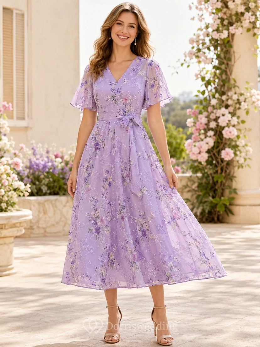 Lavendelfarbenes Chiffon-Kleid mit Blumenmuster, V-Ausschnitt, flatternden Ärmeln und A-Linien-Schnitt (Bayram-Stil)
