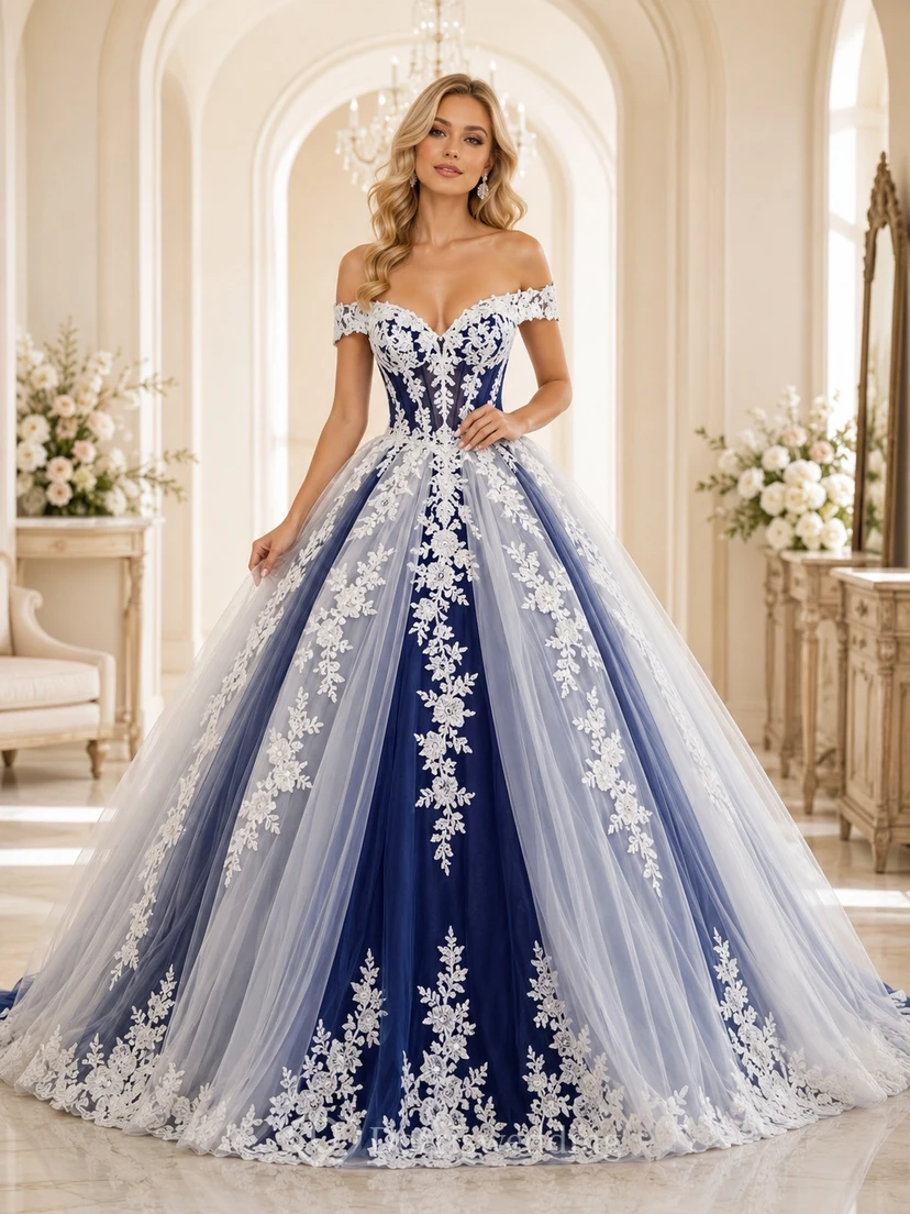 Königsblaues, elegantes Ballkleid mit schulterfreiem Schnitt, kurzen Ärmeln und Tüll-Kapellen-Flair