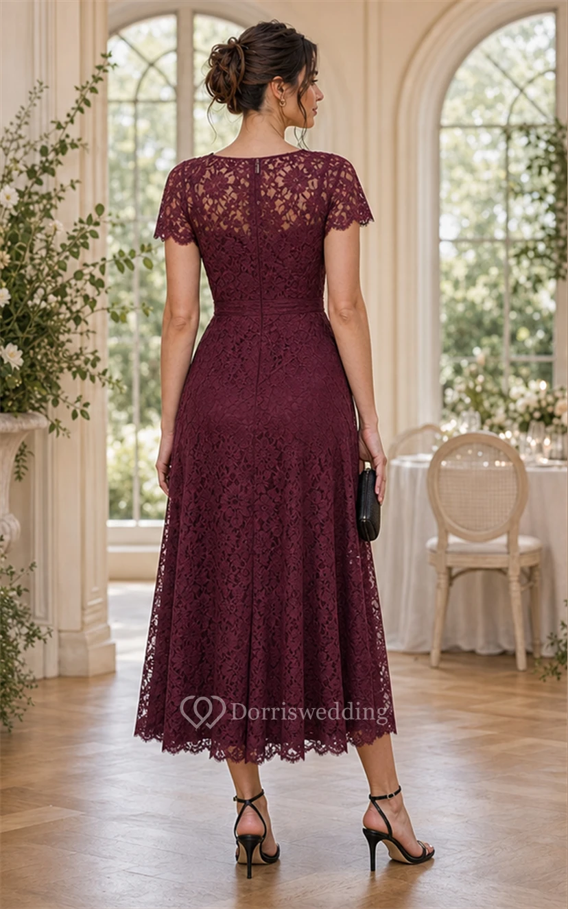 Burgundy Lace A-Line Short Sleeve Tea-Length Mother Dress view 2
