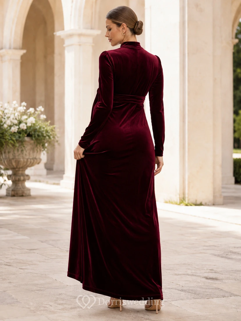 Burgundy High Neck Long Sleeve Ruched Velvet Sheath Floor Maternity Guest Gown view 2