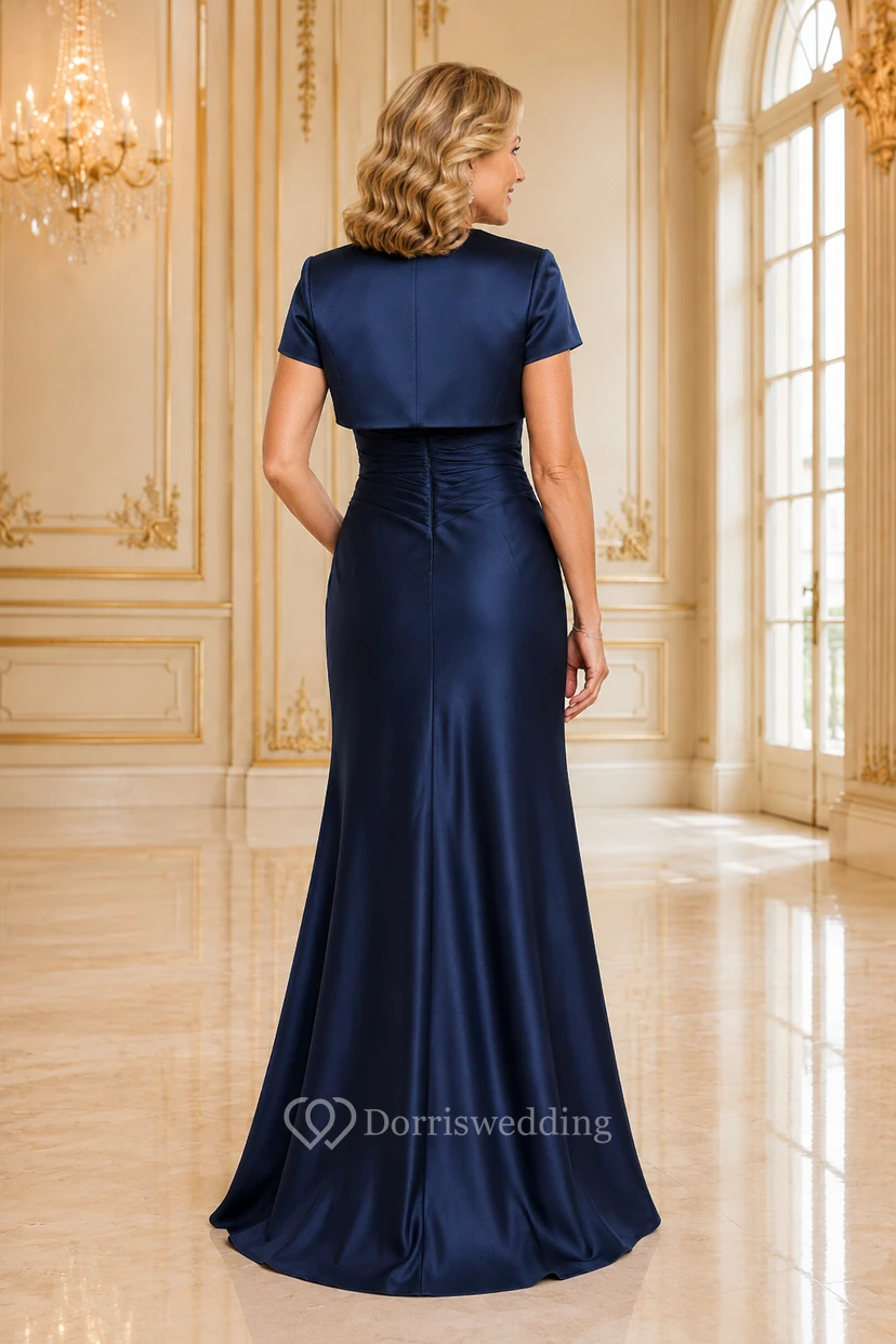 MOB Kleid Dunkelblaues Satin Meerjungfrauenkleid mit kurzen Ärmeln, eckigem Ausschnitt und bodenlang mit Bolero view 2