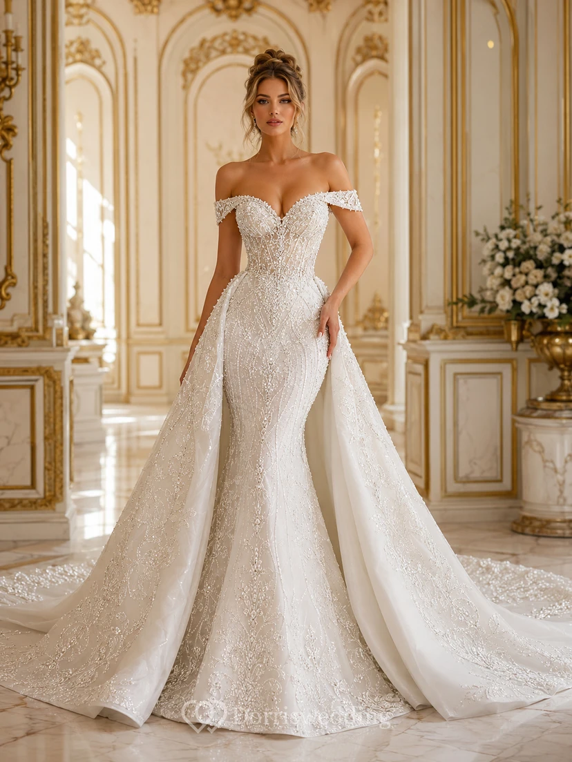 Robe de mariée sirène en dentelle avec bustier décolleté cœur et jupe longue à traîne chapelle