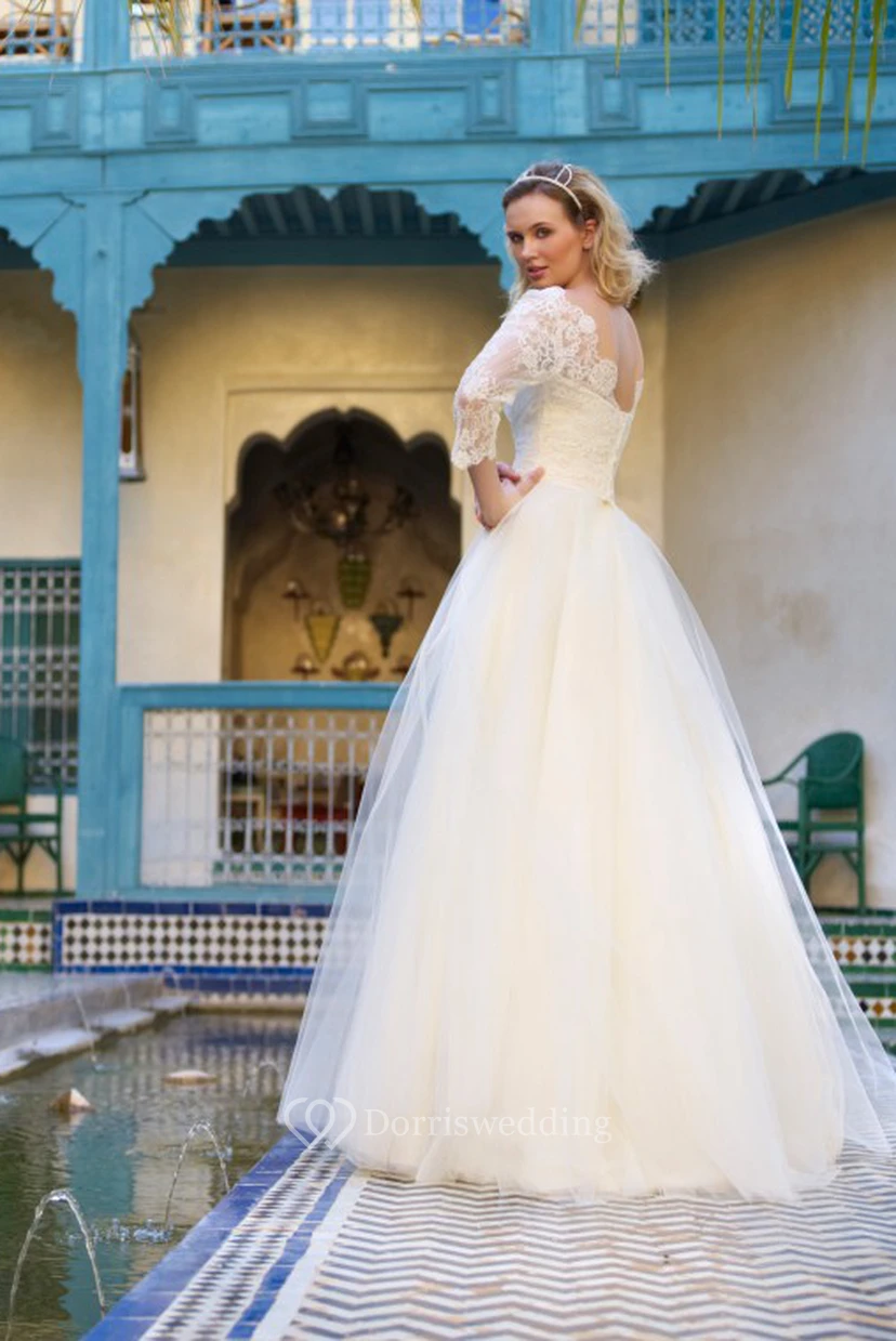 A-Line Jewel-Neck 3-4-Sleeve Bowed Tulle Wedding Dress With Lace view 2