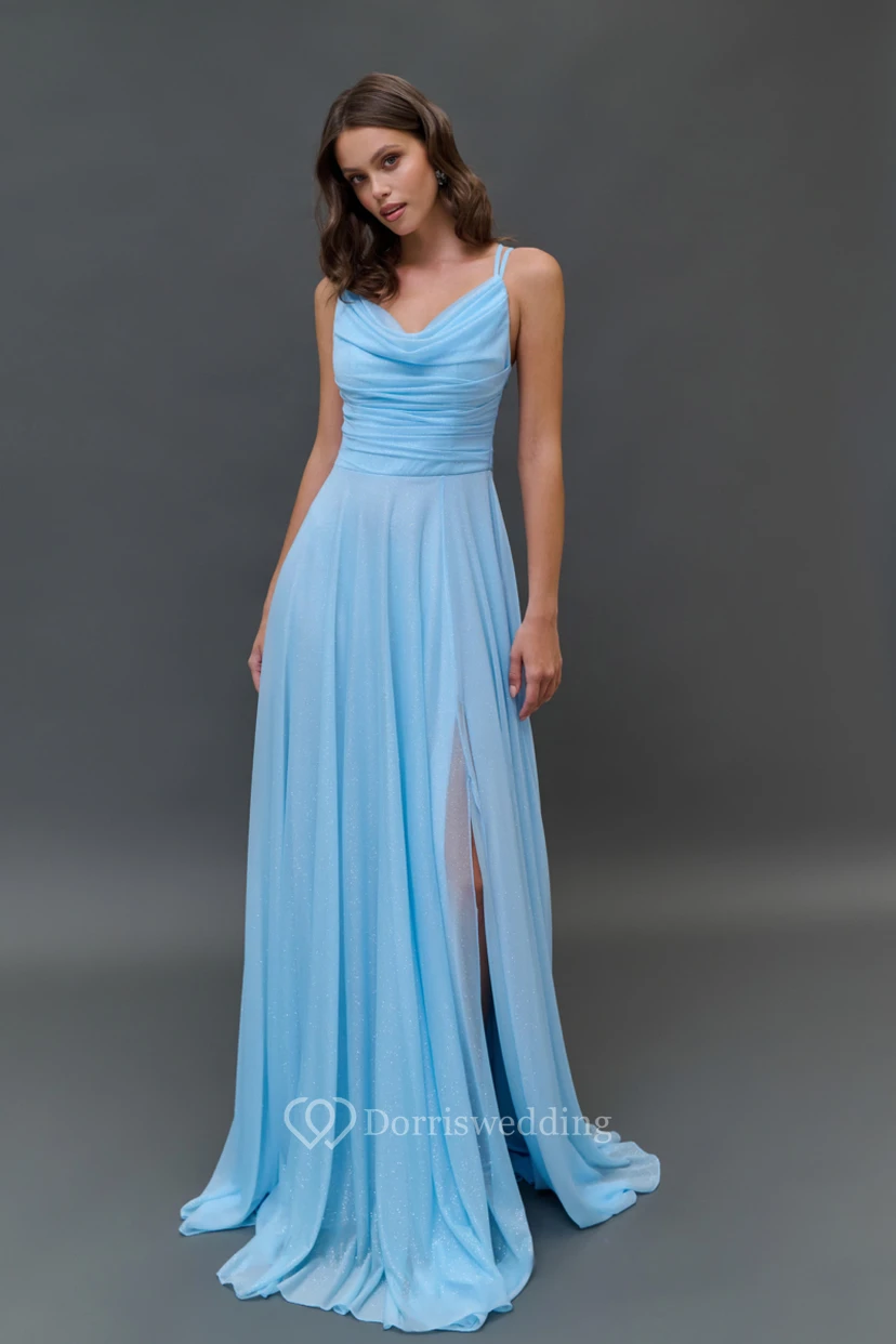 Chiffon Blue Spaghetti Cowl-neck Floor-length Dress view 2