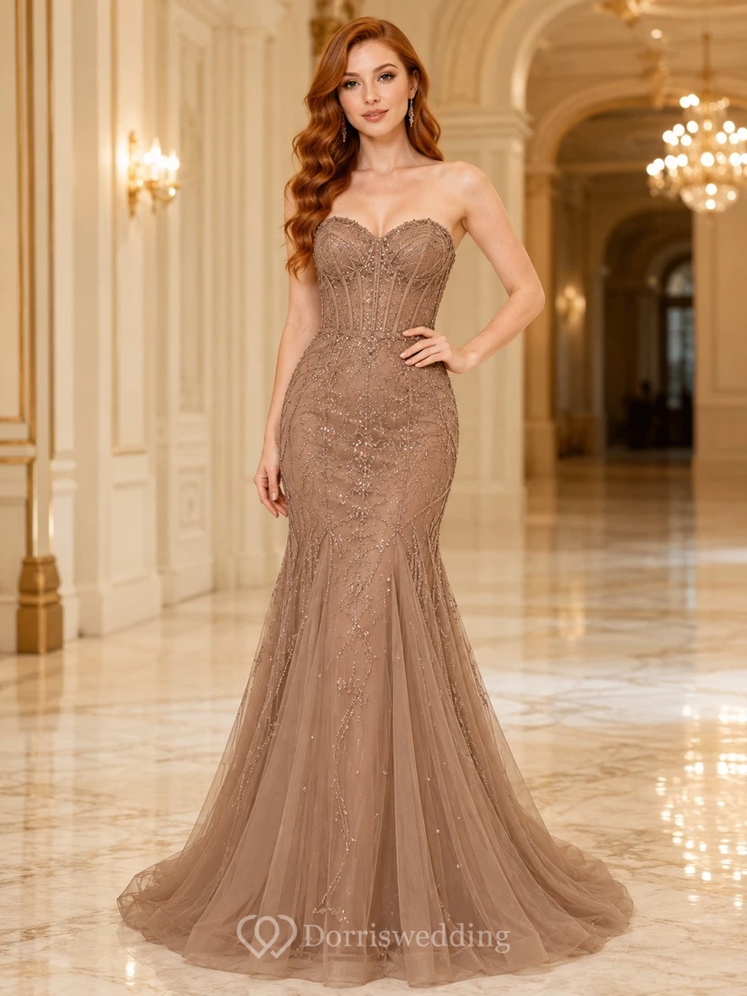 Taupe Sequined Sweetheart Mermaid Floor-length Luxury Formal Evening Gown