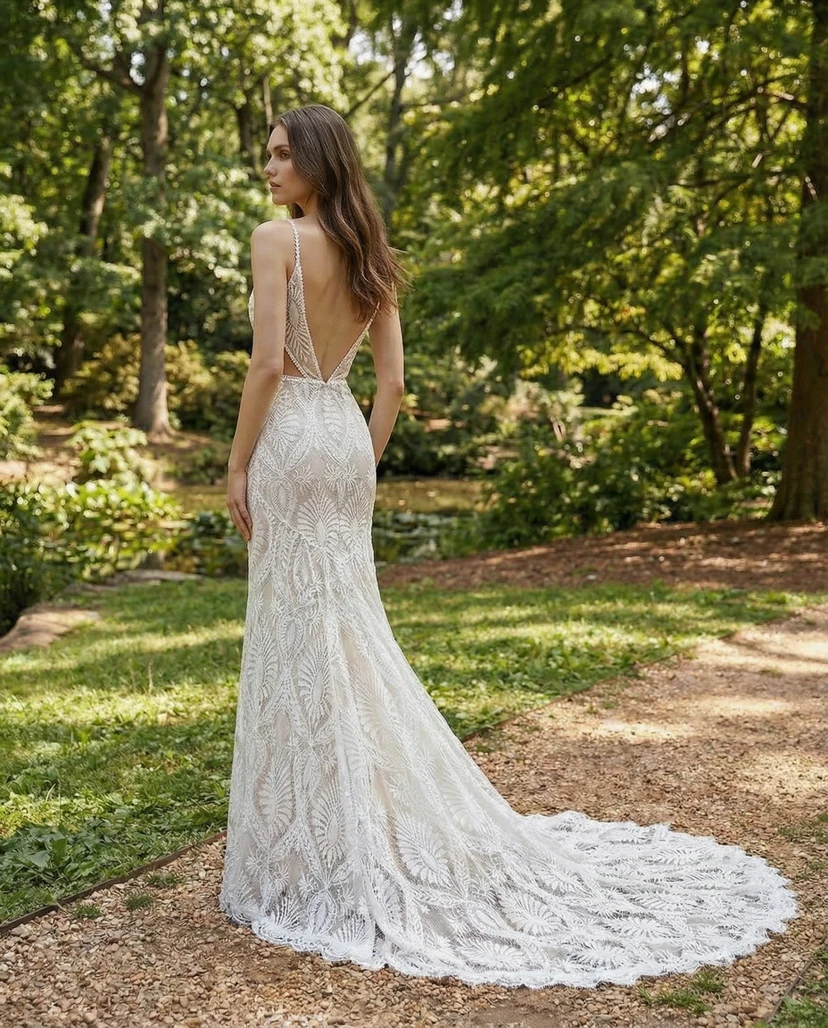 Low-V Back Boho Lace Sheath Wedding Dress view 2