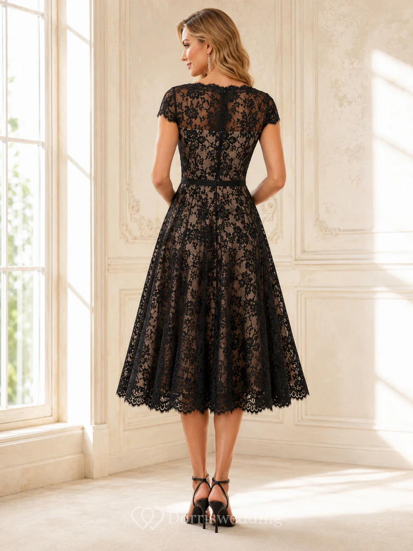 Bateau Noir Black A-Line Tea-Length Short-Sleeve Lace Vintage Guest Dress view 2