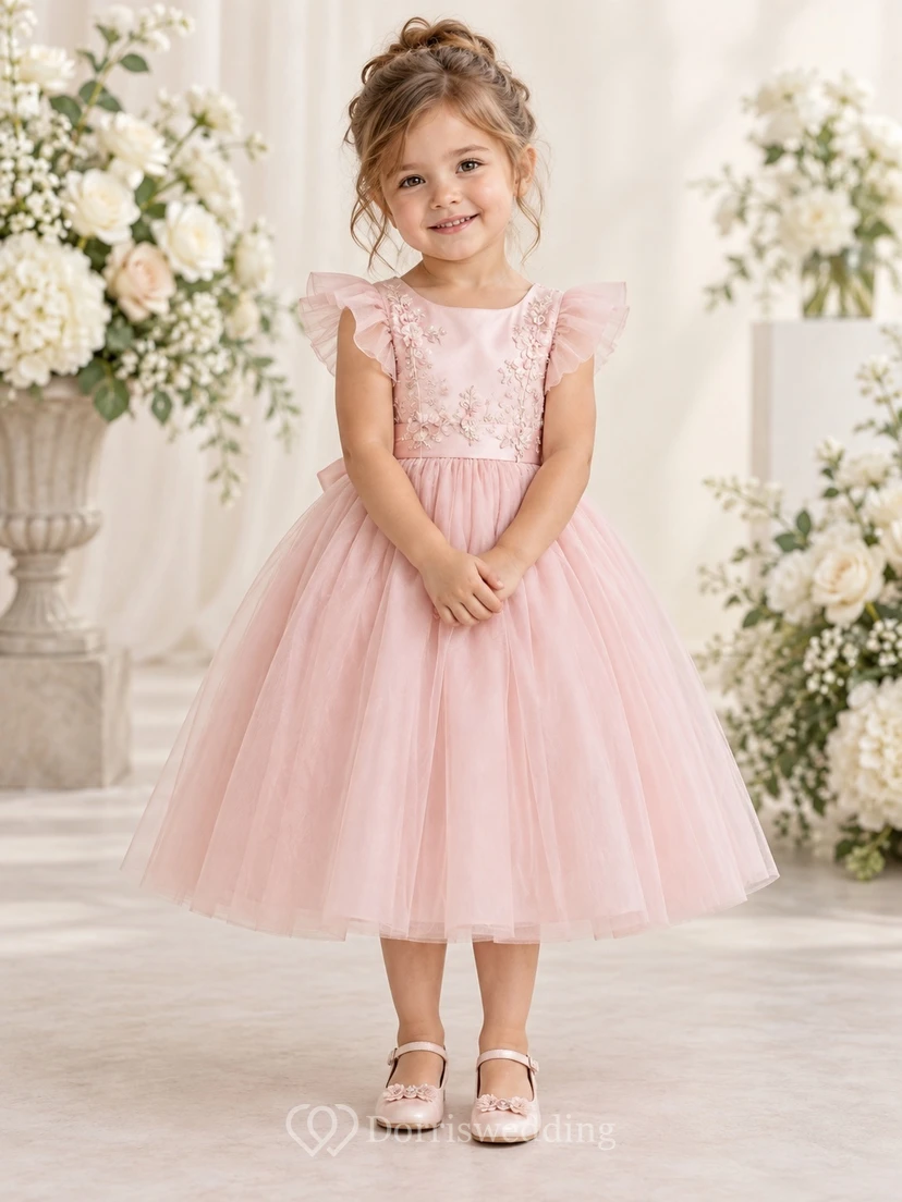 Teelanges, rosafarbenes A-Linien-Kleid aus Spitze und Tüll mit flatternden Ärmeln, Schärpe und Schleife am Rücken für Blumenmädchen