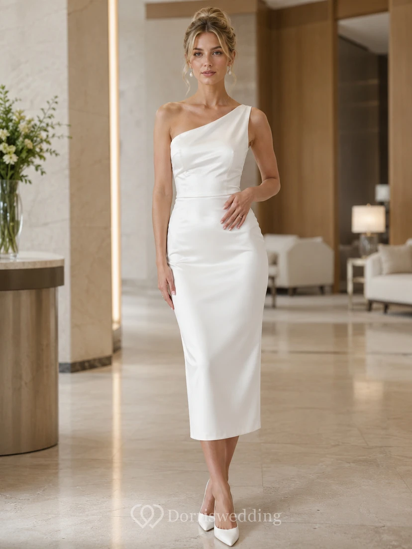 Robe de mariée civile minimaliste asymétrique en satin, longueur thé, fourreau, robe de mariée civile.