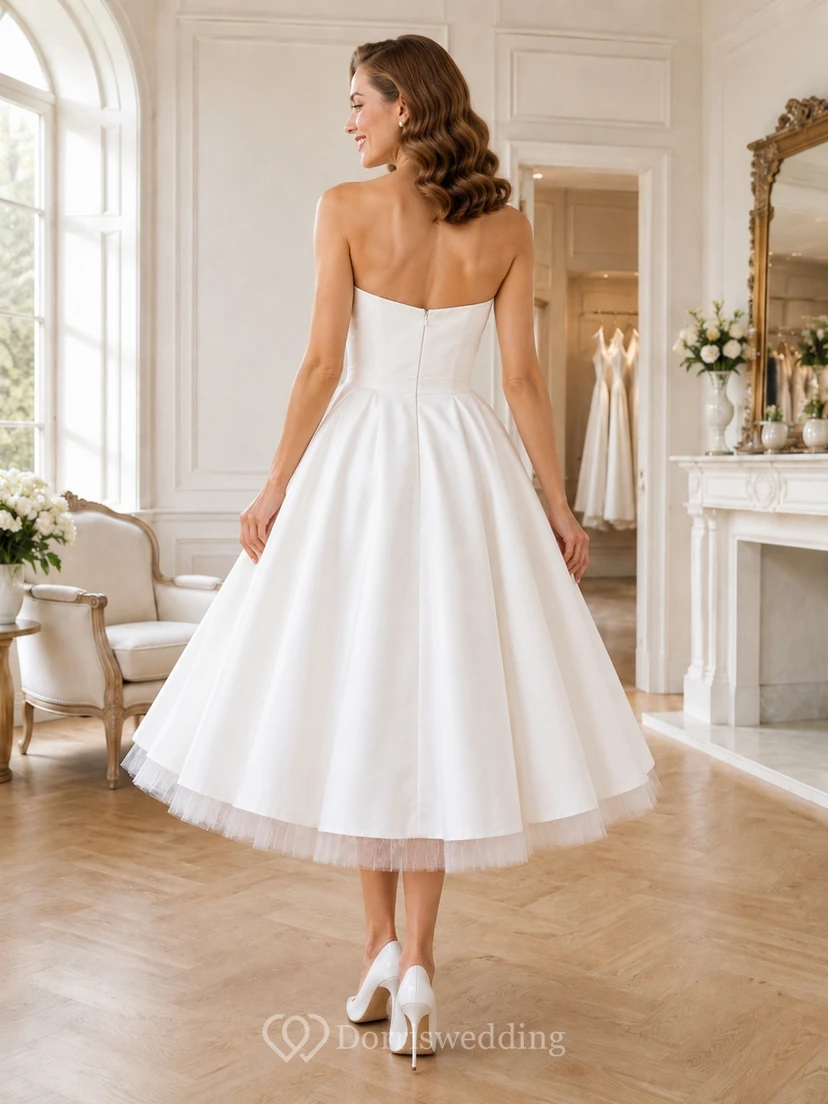 White Strapless Sweetheart Satin A-Line Tea-Length Vintage Cocktail Party Dress view 2