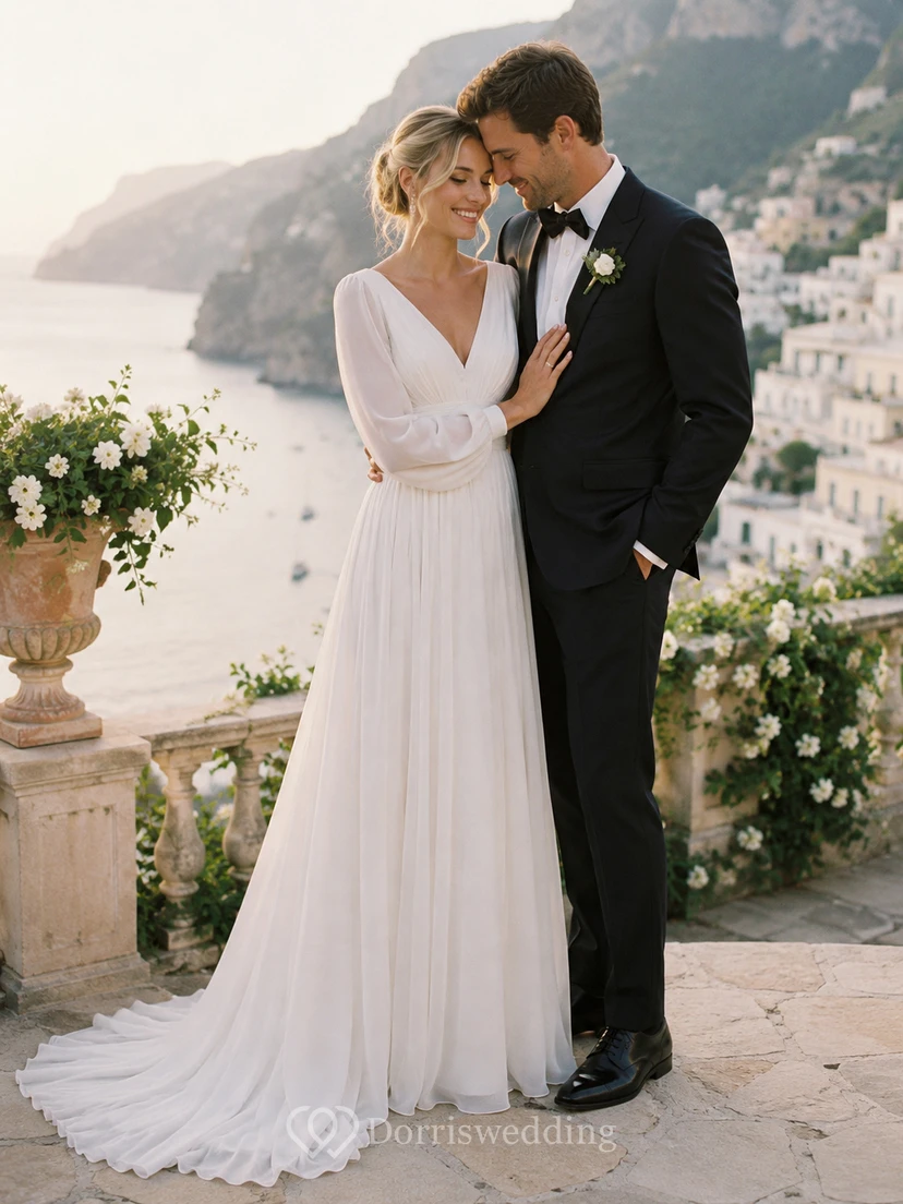 Empire Puff Long Sleeve Ruched A-line Wedding Dress view 3