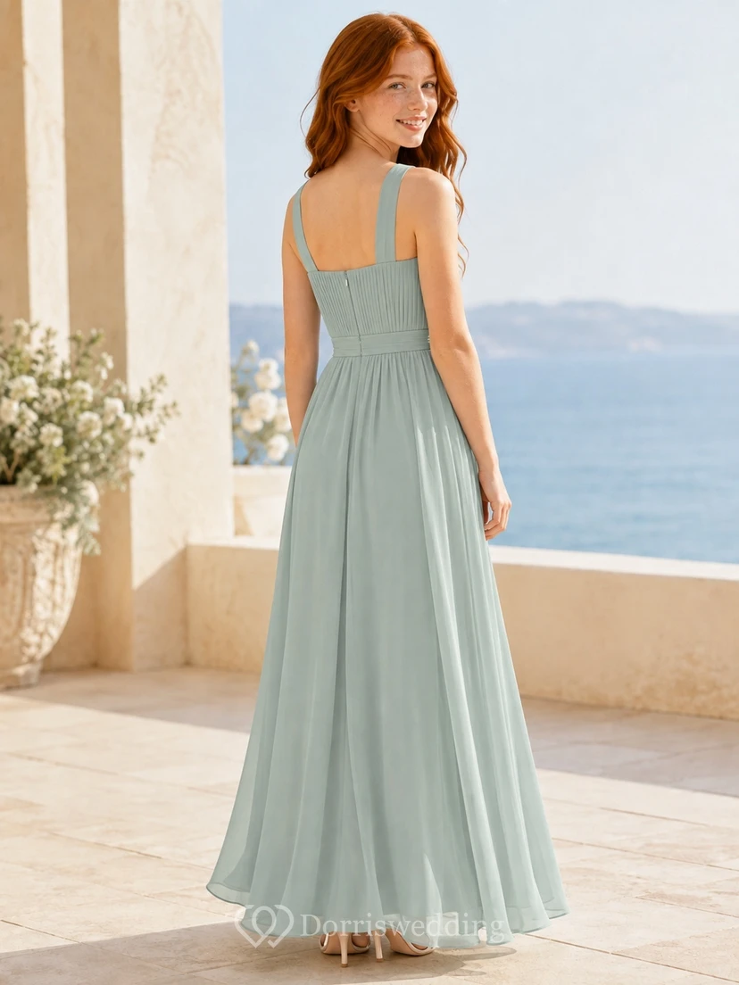 Vestido de dama de honor juvenil color celadón, corte en A, largo hasta el suelo, sin mangas, con falda de capas, estilo romántico. view 2