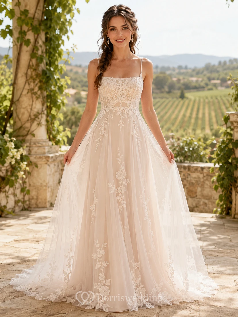Tulle Wedding Dress A-Line Spaghetti Strap Chapel Train Bridal Gown