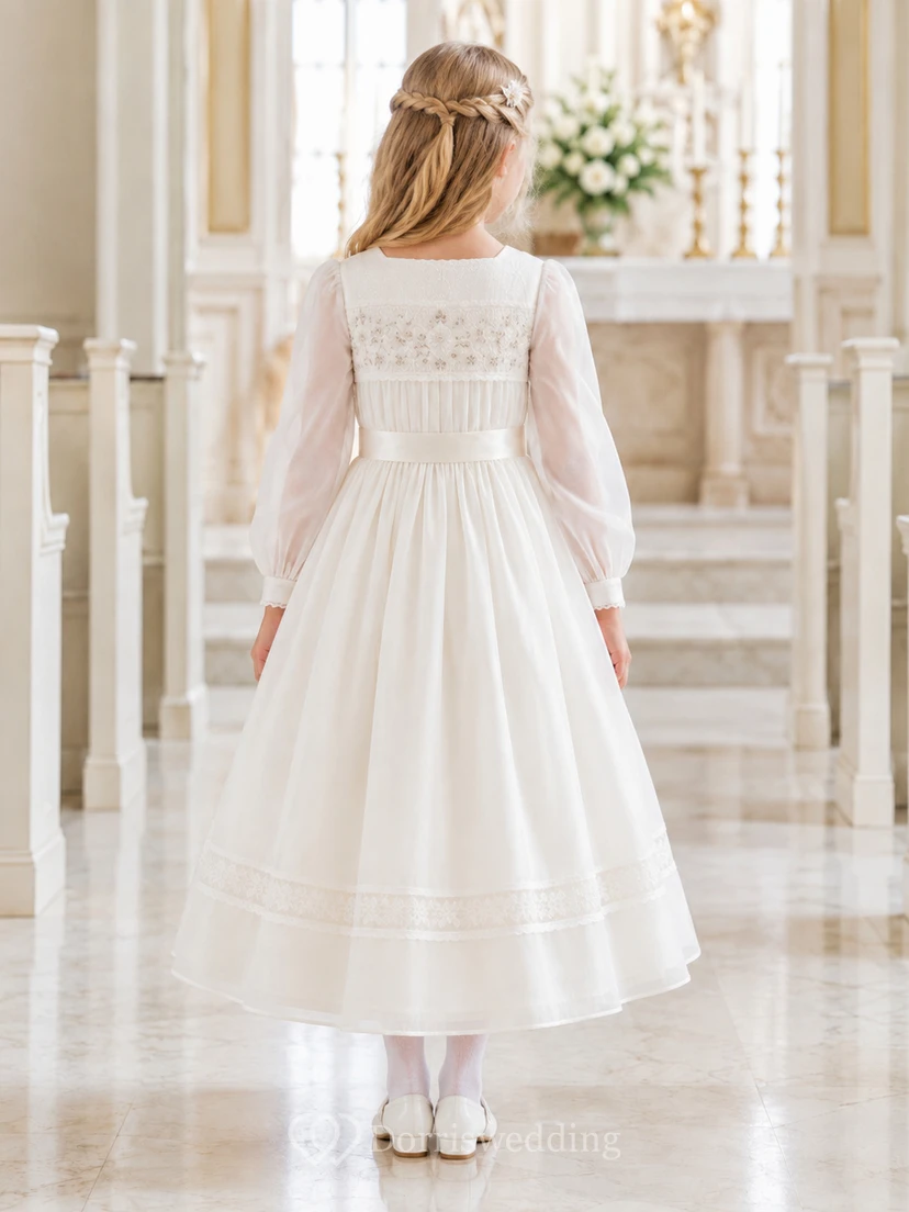 Langärmeliges, gerafftes Spitzenkleid mit Puffärmeln, Erbstück-Erbstück, Erstkommunionkleid view 2