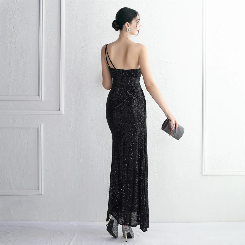 Sequined One-Shoulder Celebrity Cold Banquet Slit Long Sequin Aura Queen Dinner Fishtail Dress view 102