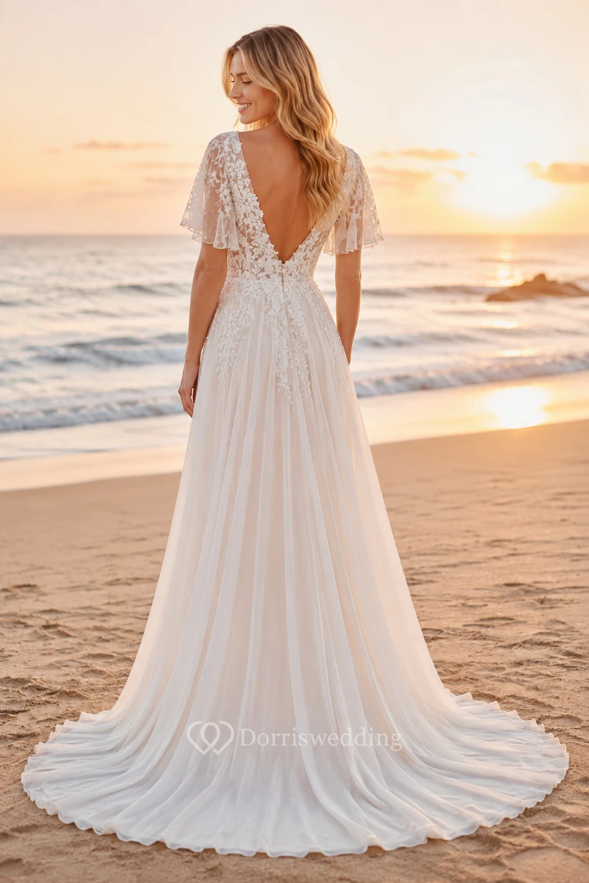 Boho-Brautkleid in A-Linie mit flatternden Ärmeln für die Strandhochzeit view 2