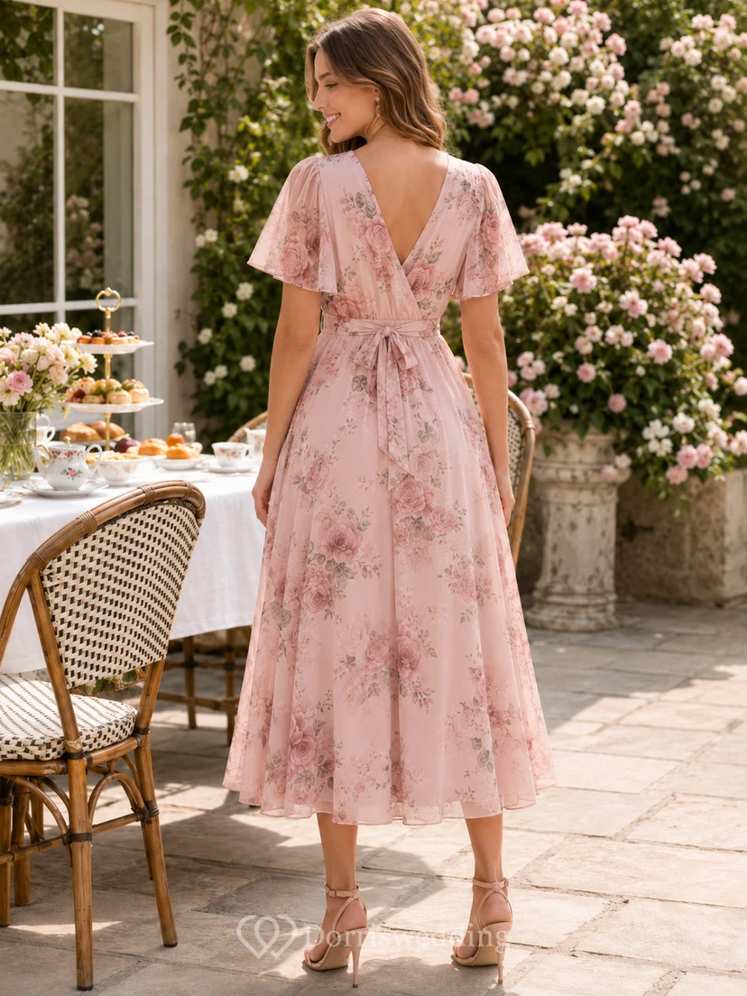 Blush Floral V Neck Flutter Sleeve Midi Brunch Dress view 2