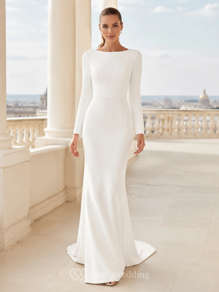 Robe de mariée fourreau simple en satin à manches longues et traîne, style bateau