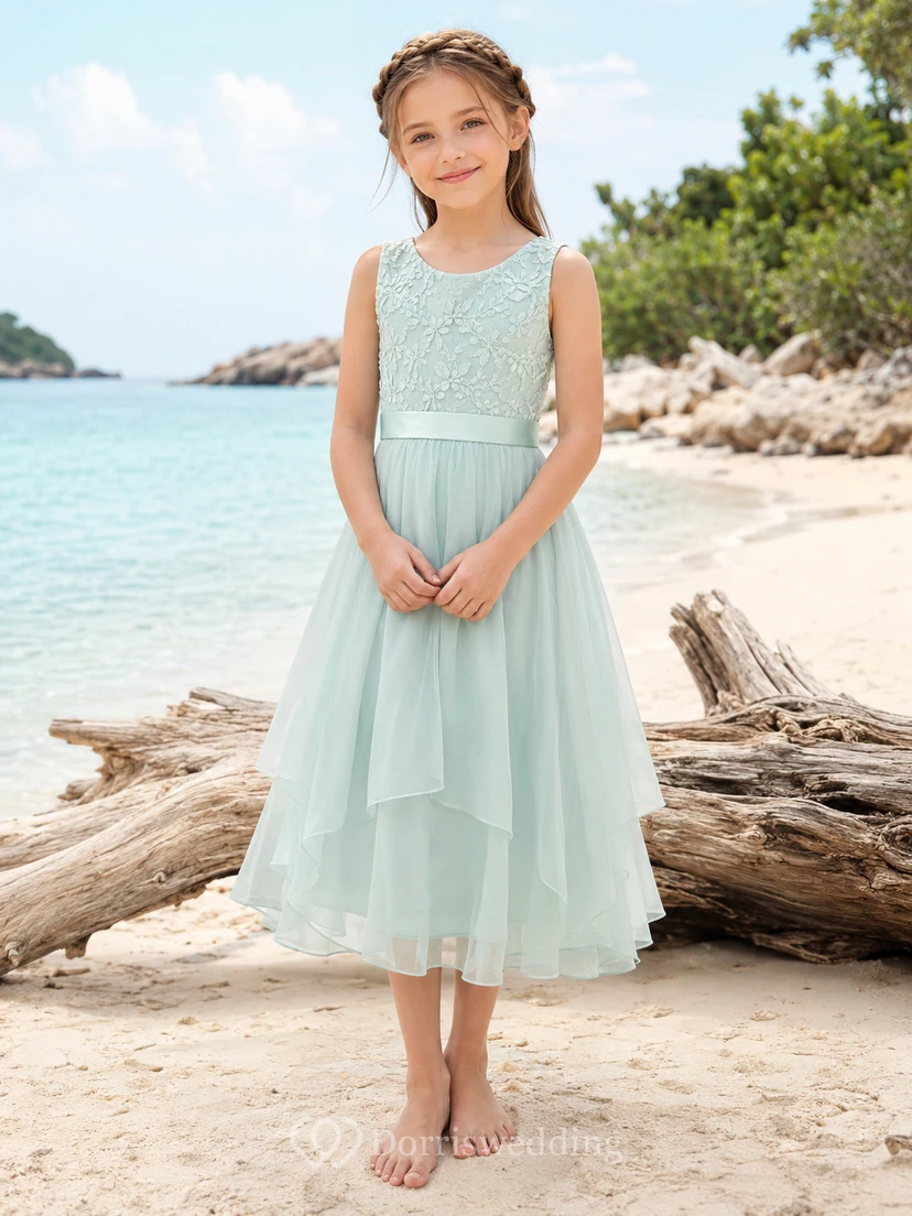 A-Line Flowergirl Lace Chiffon Floor-Length Sleeveless Beach Wedding Dress with Pleated Skirt