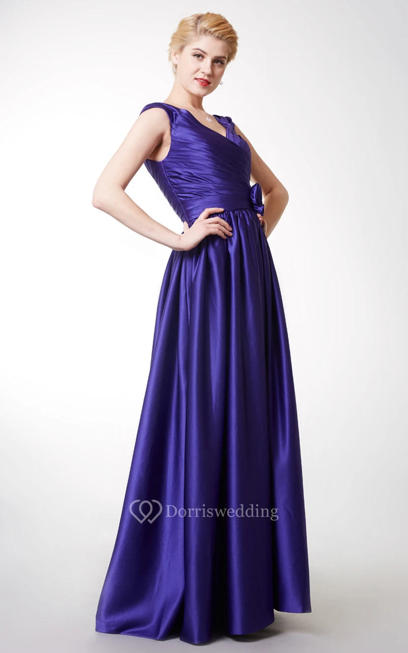 Stunning Cap-sleeved V-neck Long Satin Dress With Flowers view 4