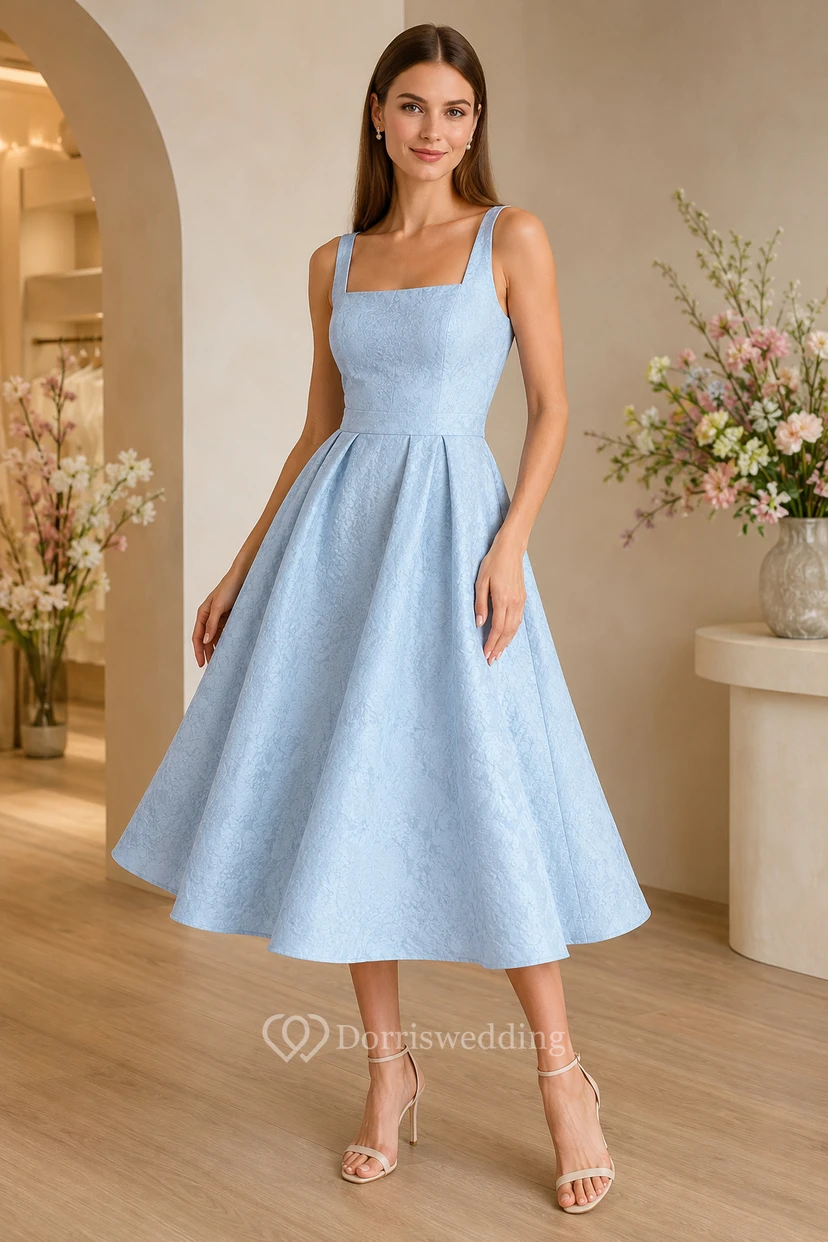Himmelblaues, eckiges Satin-Cocktailkleid in Teelänge und A-Linie mit strukturiertem Faltenrock