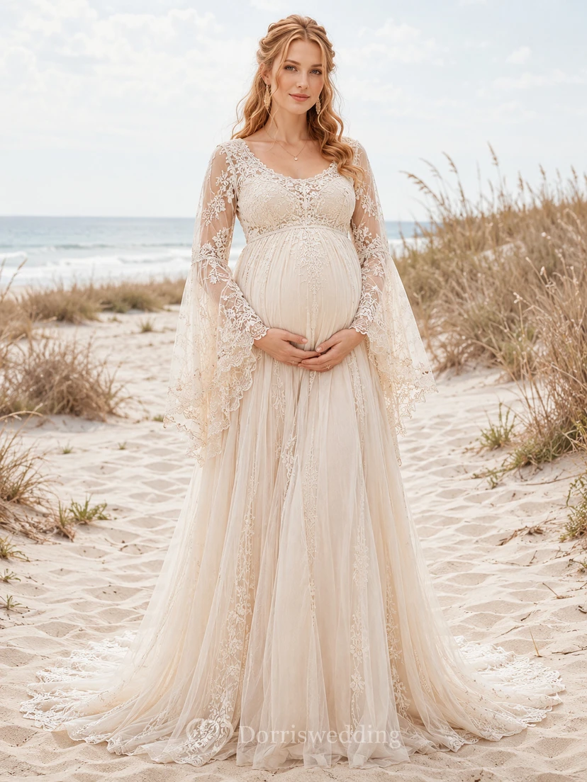 Umstandsbrautkleid, langärmelig, aus Spitze, Etuikleid, Strandkleid mit zartem Tüllüberzug und Schleppe
