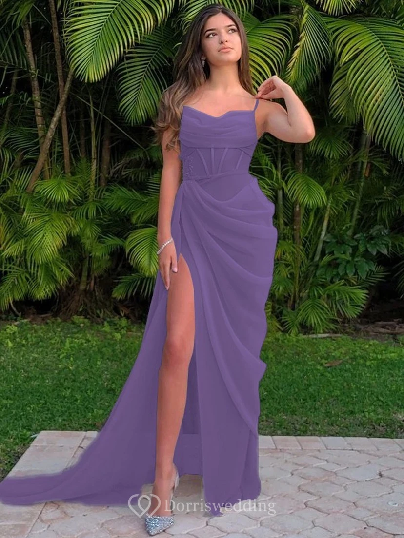 Spaghetti Ruched Sexy Front Split Sheath Side-ruched Prom Dress view 45