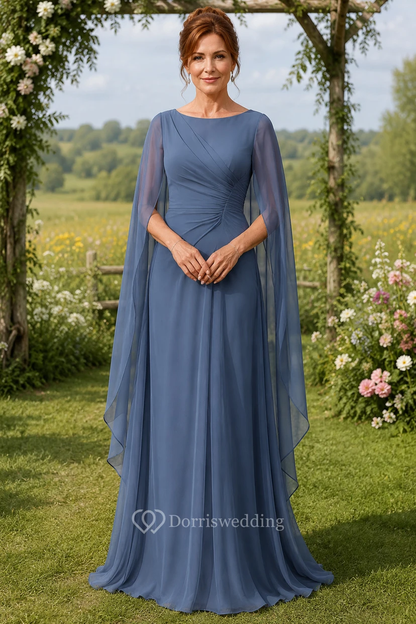 Stahlblaues A-Linien-Kleid aus Chiffon mit U-Boot-Ausschnitt und langen Ärmeln