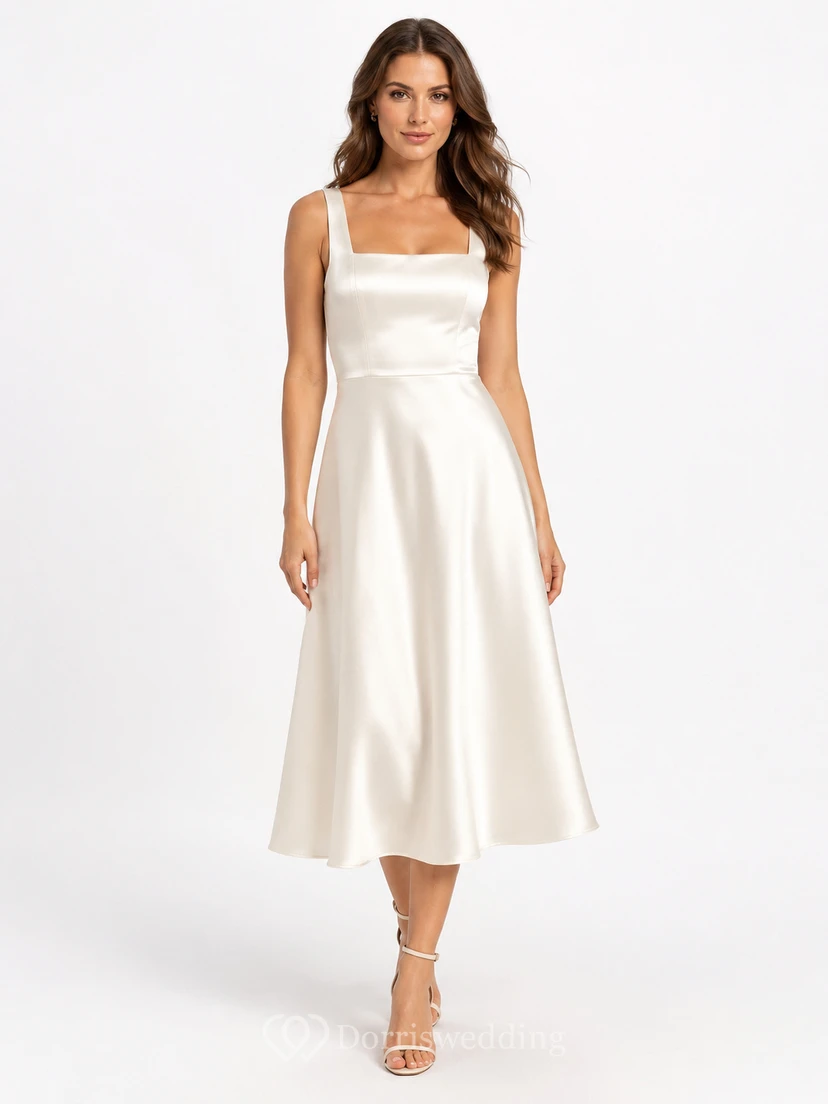 Robe cocktail plissée en satin blanc à col carré et longueur thé