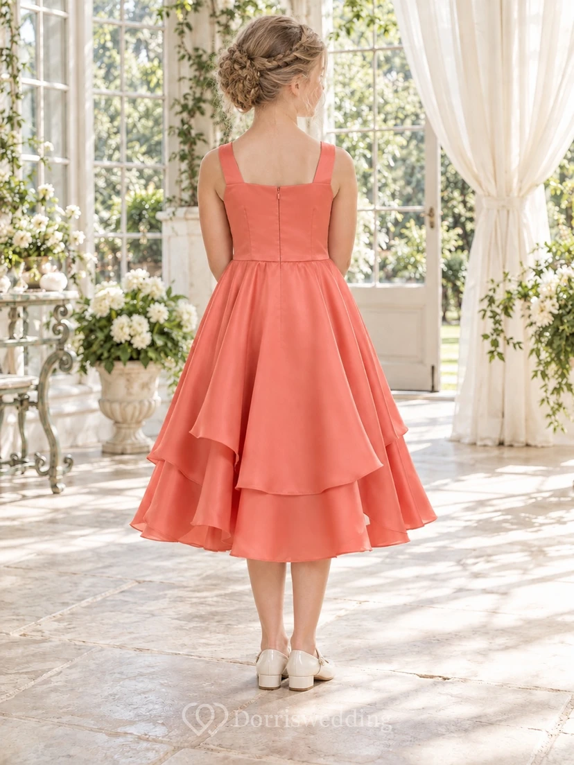 Square Neck Tea-length Coral Sleeveless Layered Satin A-line Flower Girl Dress view 2