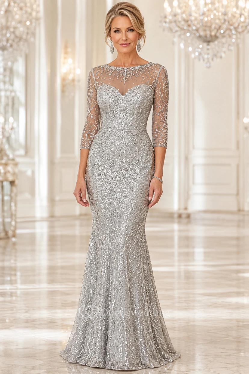 MOB-Kleid, silberfarben, Pailletten, Tüll, Meerjungfrauenstil, 3/4-Ärmel, U-Boot-Ausschnitt, bodenlang, perlenbesetzt