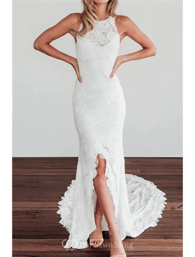Modern Halter Lace Wedding Dress with Front Slit view 3