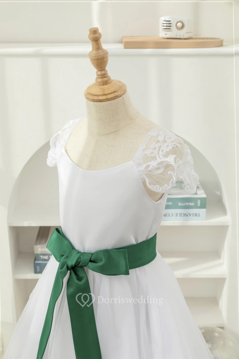 White Short-sleeve A-line Tulle First Communion Flowergirl Dress view 5