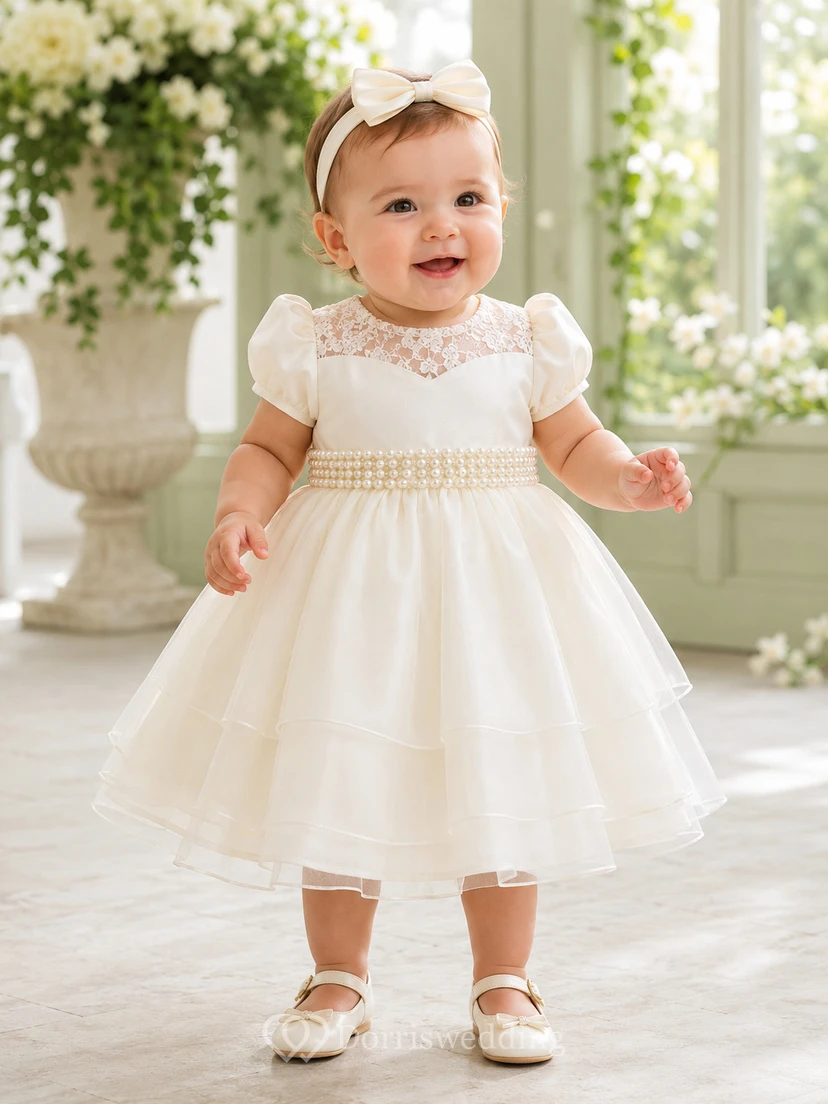 Robe de baptême pour bébé, coupe trapèze, manches bouffantes, en tulle et dentelle, élégante, adorable et romantique, ornée de perles et de bijoux, manches courtes.
