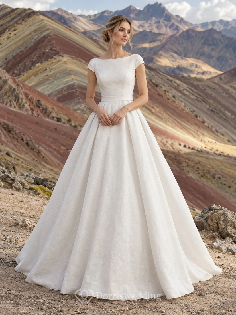 Vestido de novia sencillo de lino con mangas cortas estilo barco, cintura y falda en línea A.